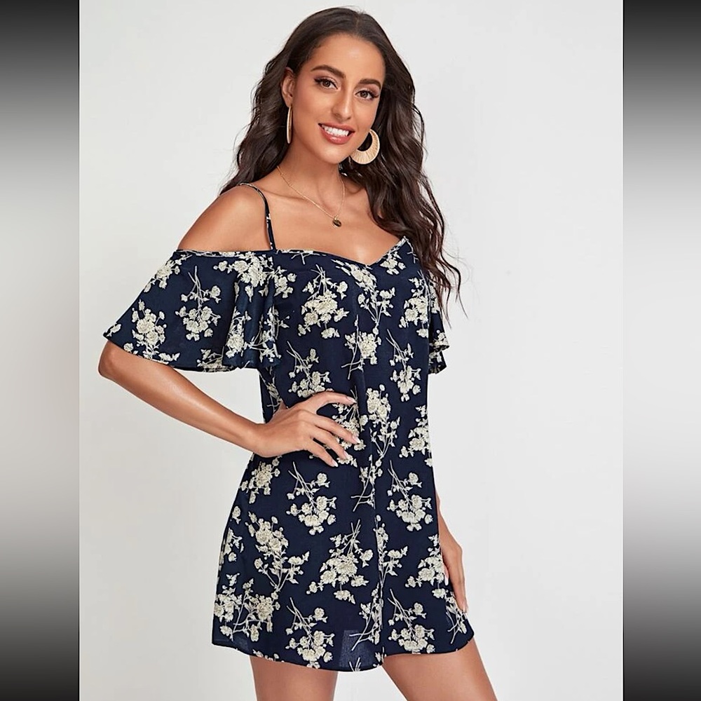NWOT Navy Floral Off Shoulder Dress